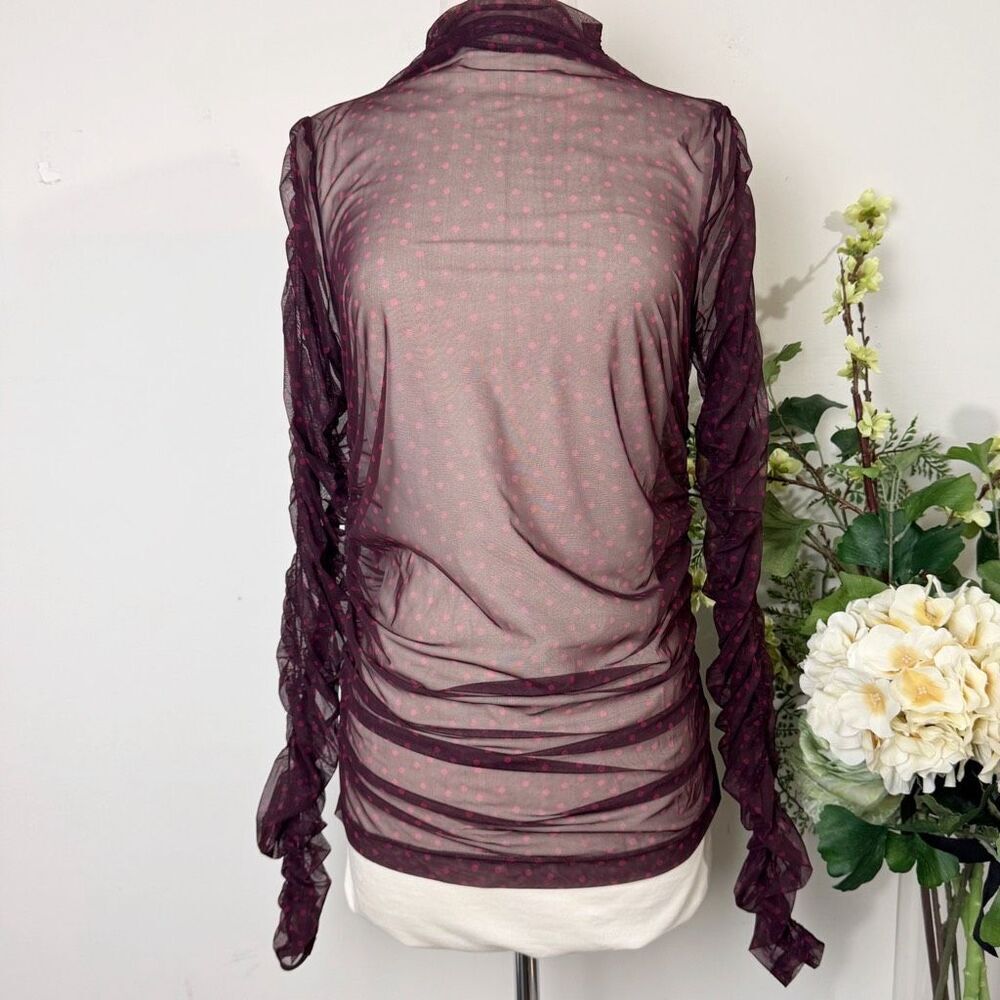 Maeve by Anthropologie Sheer Plum Mesh Ruched Turtleneck Top | Pink Polka Dots |